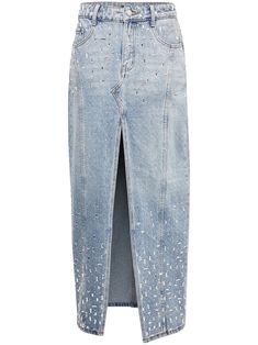 blue cotton crystal embellishment mid-rise belt loops front button and zip fastening classic five pockets straight hem long length Denim Skirt With Belt, Bedazzled Denim Skirt, Jeans Long Skirt, Sparkle Skirt, Long Denim Skirt, Embellished Denim, Straight Skirt, Crystal Embellishment, Long Length