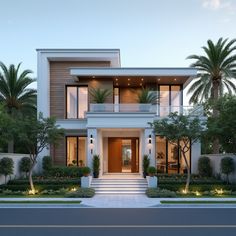 a modern house with palm trees and landscaping