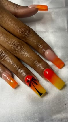 Vacation Nails Palm Trees, Sunset Palm Tree Nails, Sunset French Tip Nails, Palm Tree Acrylic Nails, Vacation Nails Jamaica, Guyana Nails, Orange Ombre Acrylic Nails, Sunset Nails Acrylic, Summer Sunset Nails