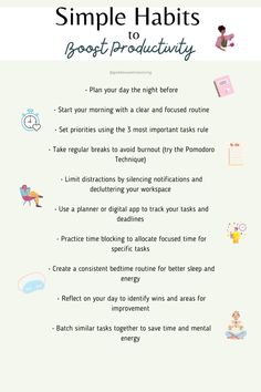 Boost your productivity with these simple habits! Learn practical tips to manage your time, stay focused, and accomplish more in your day with less stress. Perfect for busy lifestyles. #lifestyle #habits #routine Habits Routine, Simple Habits, Pomodoro Technique, Manage Your Time, Lifestyle Illustration, Time Blocking, Lifestyle Habits, Boost Productivity, Busy Lifestyle