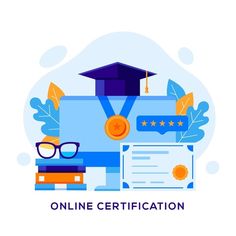 a graduation cap, diploma and glasses on top of a paper with the words online certificate