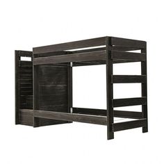 a wooden bunk bed frame with no mattress