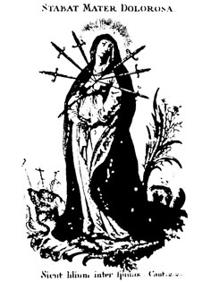 an old black and white drawing of the virgin mary with swords in her hands, surrounded by plants