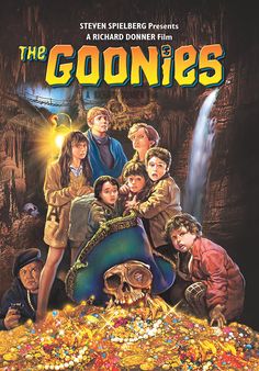 the goonies movie poster with many kids and an evil looking man in front of them