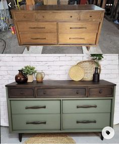 two different dressers side by side, one green and the other brown