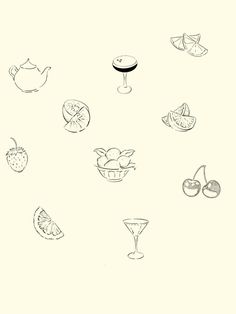 a drawing of various fruits and drinks on a white background