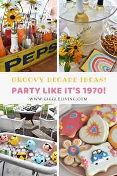 an outdoor party with lots of food and drinks on the table, including decorated cookies