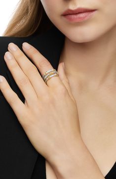 Sterling silver with 18-karat yellow gold. Pavé diamonds, .21 total carat weight. Ring, 12mm. Imported. 1/2" band width Diamond Guide Amulet Charm, Cable Bracelets, Diamond Guide, Women's Rings, Bead Bangles, Charm Rings, Gold Threads, Jewelry For Her, Luxe Gifts