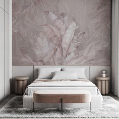 a bedroom with a large wall mural behind the bed