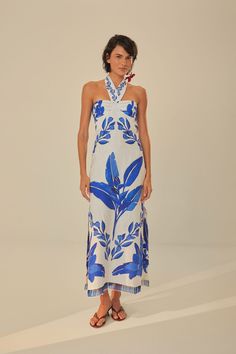 Off-White Blue Yard Sleeveless Maxi Dress Brazilian Clothes, Red Maxi Skirt, Red Maxi, Swimwear Dress, Botanical Pattern, Farm Rio, White Sleeveless, White Midi Dress, Maxi Dress Blue