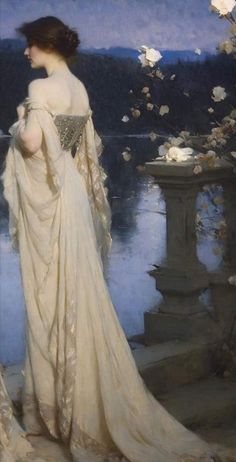 a painting of a woman in a white dress looking out over the water at flowers