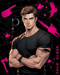 a man with his arms crossed standing in front of pink paint splatters