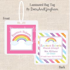 Rainbow Bag Tag - DotsAndGingham Girls Luggage, Peanut Allergy, Rainbow Bag, Ice Bag, Backpack Tags, Teacher Name, In Case Of Emergency, Bag Tag, Luggage Tag