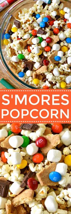 a bowl full of s'mores popcorn with the title above it