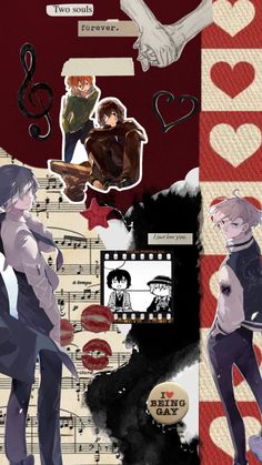 an image of some anime characters with music notes and hearts in the backgroud