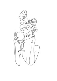 a line drawing of a woman's face with flowers in her hair and hands