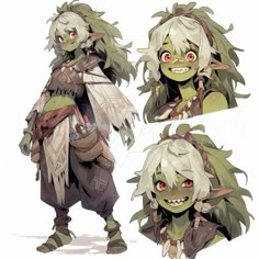 an animated character with white hair and green eyes, in various poses for the game