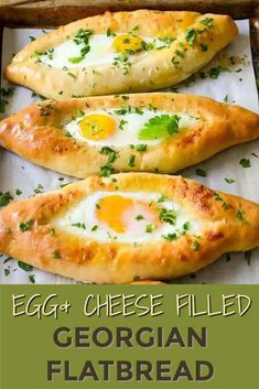 three egg cheese filled flatbreads in a baking pan