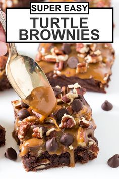 a person spooning some chocolate brownies with pecans on top