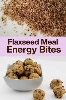 a white bowl filled with chocolate chip cookies next to a pile of flaxseed meal energy bites