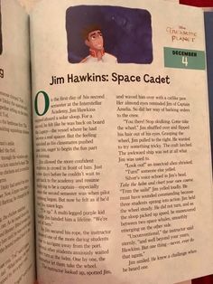 an open book with pictures of people in space and text on the front page that reads, jimmy hawk's space cadet