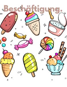 an image of ice cream and desserts on white background with hand drawn doodles