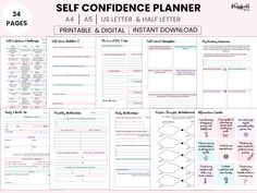 the self confidence planner is shown in pink and white with black writing on it, along with