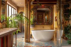 a bathroom with a tub, mirror and plants in the shower area on the floor