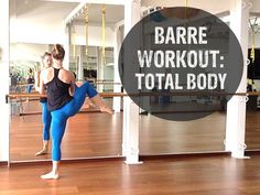 a woman in blue leggings standing on one leg with the words bare workout total body