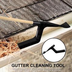 the gutter cleaning tool is laying on top of some grass and straw next to a window sill