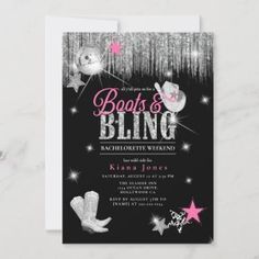 a black and white birthday party with pink stars, boots and bling on it