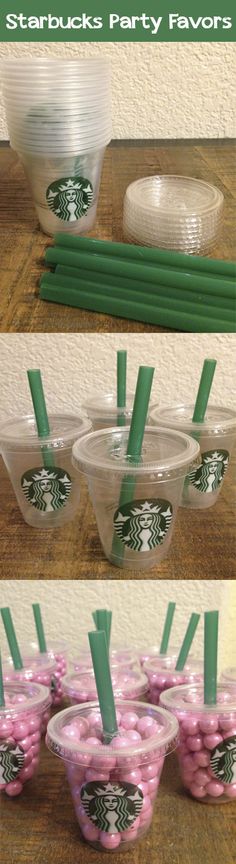 starbucks party favors with pink marshmallows, green straws and paper plates