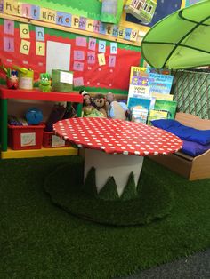 a child's playroom with green grass and toys