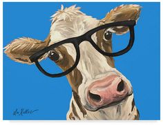 a painting of a cow wearing glasses against a blue background