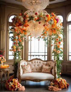 an ornate couch and chandelier with flowers on the ceiling, surrounded by candles