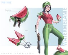 a drawing of a woman with watermelon on her head and other items around her