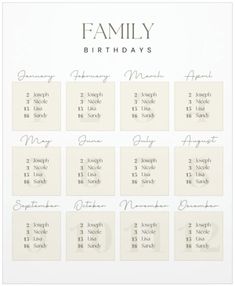 a family birthday calendar with the names and dates