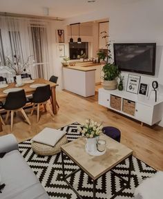 a living room filled with furniture and a flat screen tv mounted on a wall above a wooden table