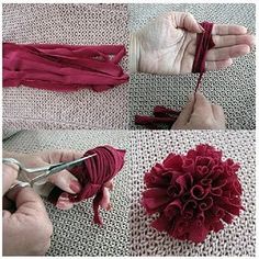 the process of making a flower out of yarn and crochet hooks is shown