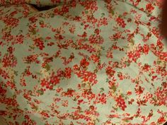 a close up of a person's hand holding a flowered cloth with red and green flowers on it