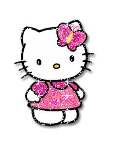 a hello kitty sticker with pink glitter on it's face and bow around her neck