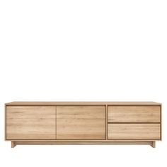 the sideboard is made out of wood and has two drawers, one with doors open