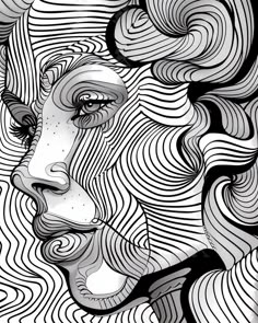 a black and white drawing of a woman's face with swirls on it