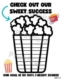 a poster with the words, check out our sweet success and popcorn in a basket