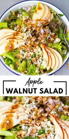 an apple walnut salad in a white bowl with the words, apple walnut salad above it