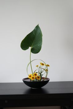 a black bowl with yellow flowers in it and a large green leaf on the top