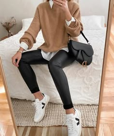 Winter Outfit Tennis Shoes, Elevated Basics Style Winter, Every Day Shoes Women, Relaxed Womens Outfits, Fall Work Casual Outfits Women, Womens Style 2024, Everyday Winter Outfit Ideas, Fall Dinner Outfit Casual, Zara Women Outfits