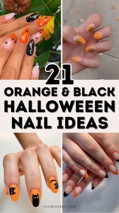 Simple Chic Halloween Nails, Halloween French Nails Design, Simple Orange And Black Nails, Burnt Orange Halloween Nails, Cute Orange Halloween Nails, Black White Orange Nails, Orange Chrome Halloween Nails, Halloween Painted Nails, Orange Halloween Nails Short