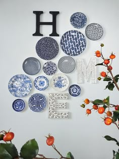 blue and white plates are hanging on the wall next to a branch with orange flowers