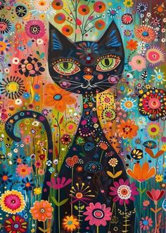 a painting of a black cat surrounded by flowers